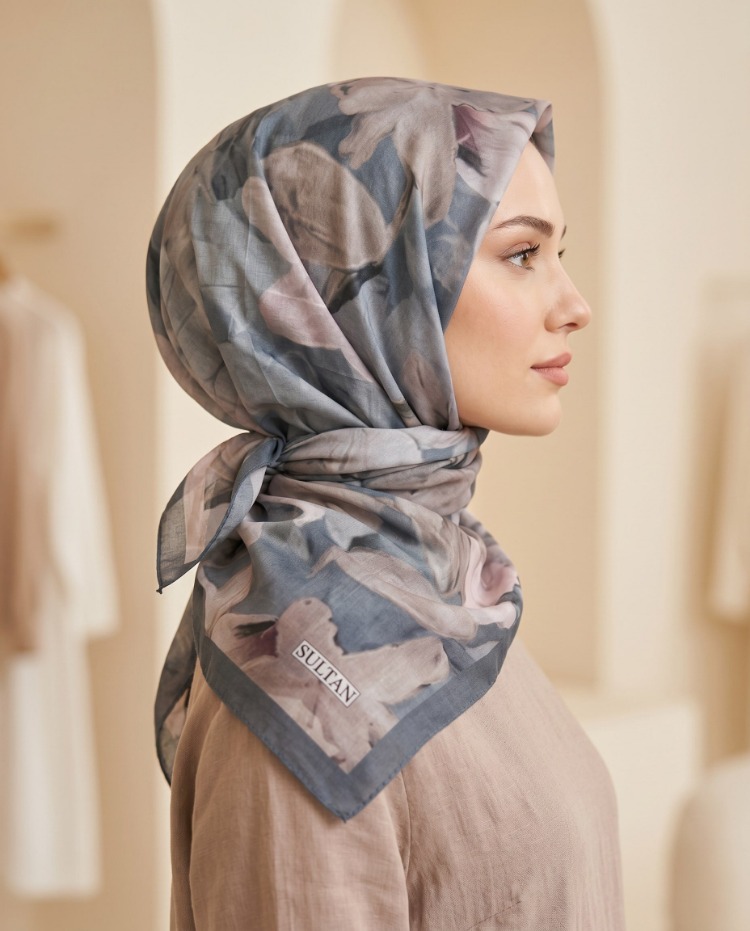 FRESH PAMUK ZAMBAK DESEN GRİ EŞARP