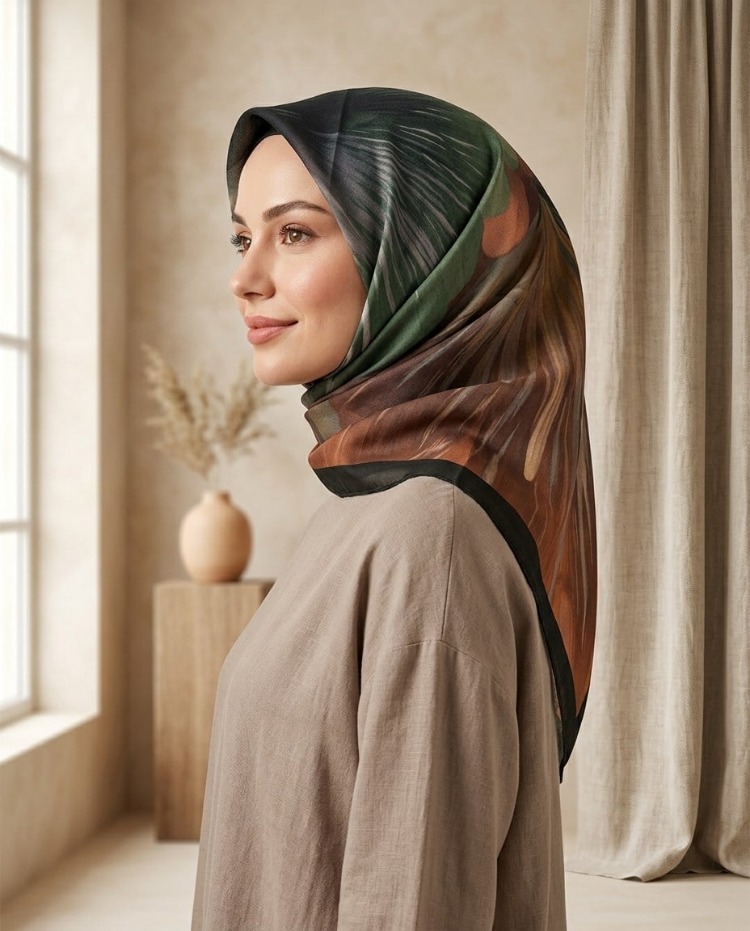 FRESH PAMUK JAPON GÜLÜ DESEN ASKERİ YEŞİL EŞARP