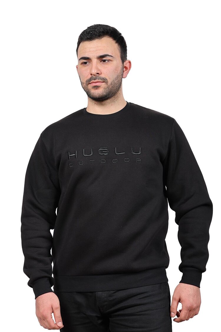 SWEATSHIRT - ÜÇ İPLİK, HUĞLU OUTDOOR NAKIŞLI, SİYAH