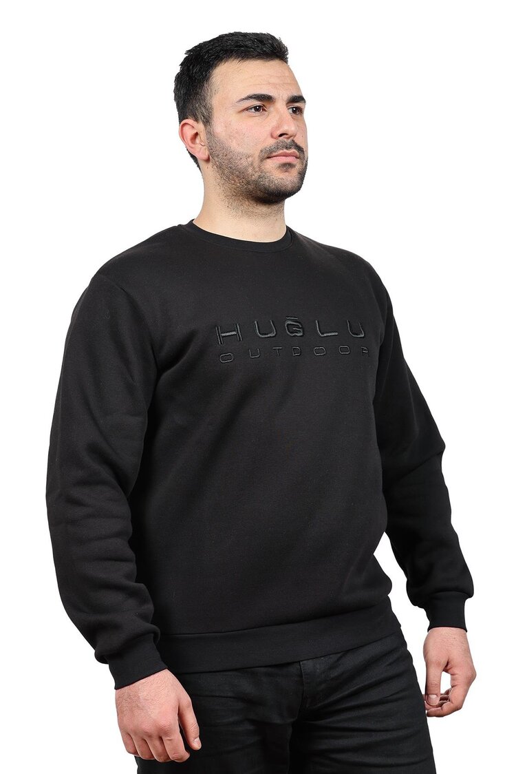 SWEATSHIRT - ÜÇ İPLİK, HUĞLU OUTDOOR NAKIŞLI, SİYAH