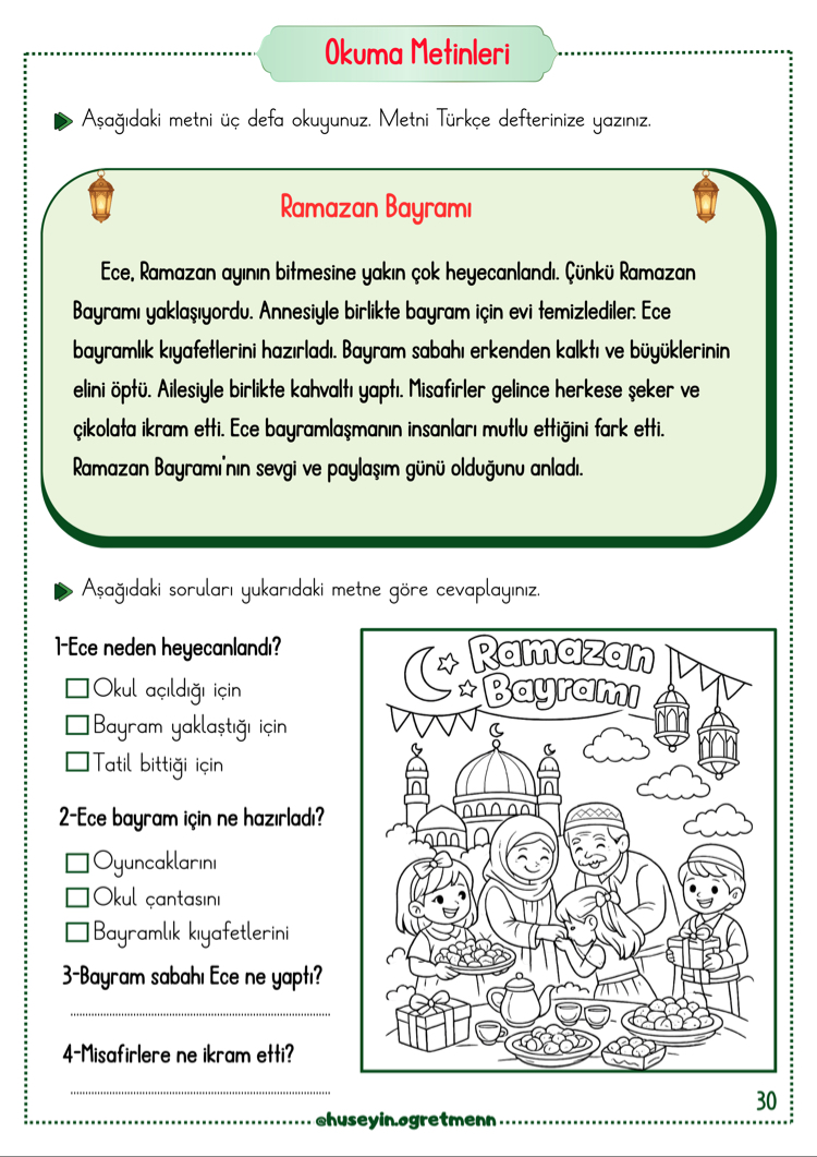 2.Sınıflar Her Güne Bir Ramazan Metni(30 Tane Metin)