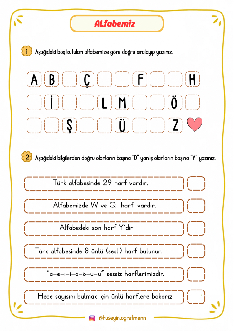 2.Sınıf Türkçe Yaz Tatili Tekrar Çalışmaları