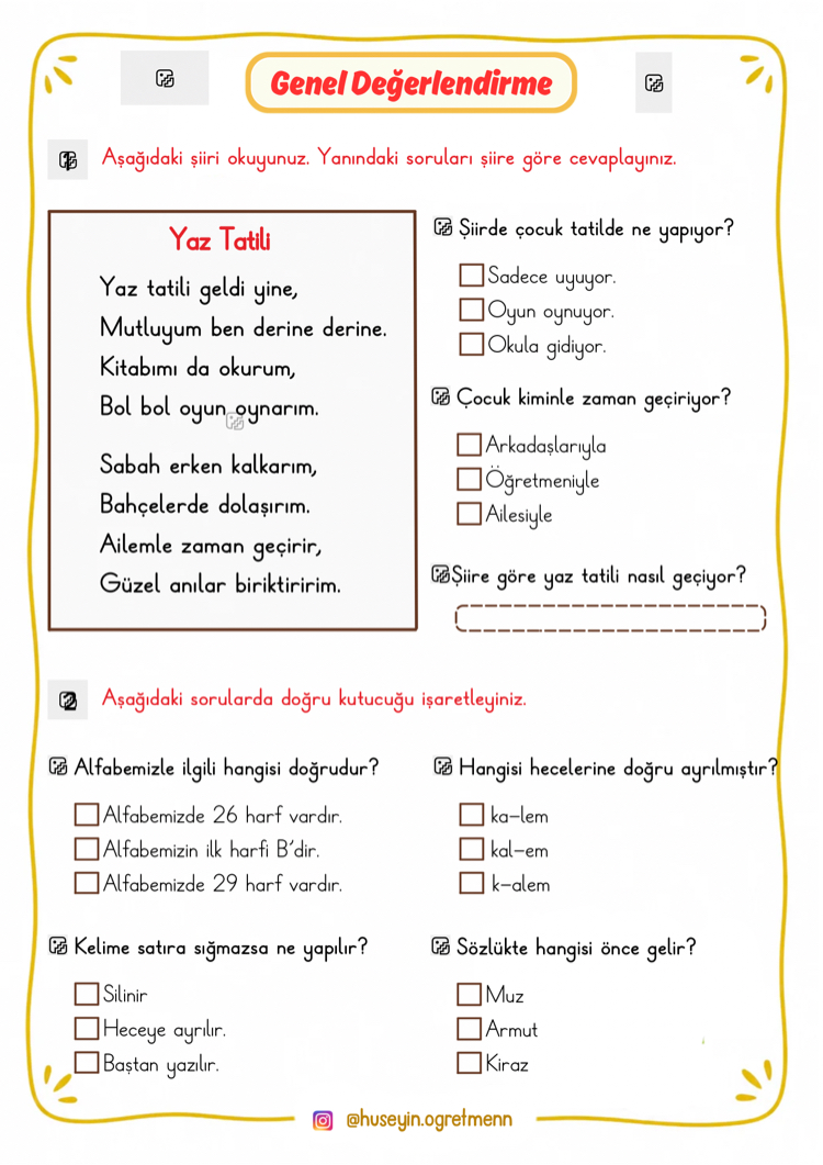 1.Sınıf Yaz Tatili Çalışma Etkinlikleri