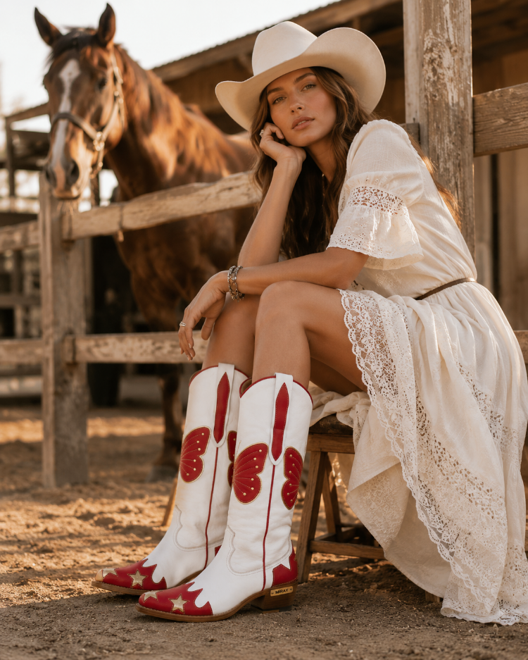 El Yapımı Beyaz Kırmızı Kelebek Nakışlı Western Kovboy Çizmesi