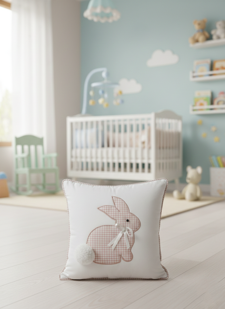 Tavşan Figürlü Ponpon Detaylı Bebek ve Çocuk Odası Dekoratif Yastık - 45x45 cm