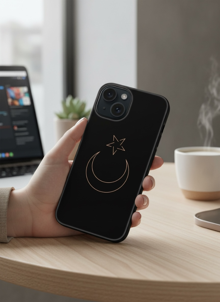 iPhone Uyumlu Siyah Ay Yıldız Tasarımlı Kılıf