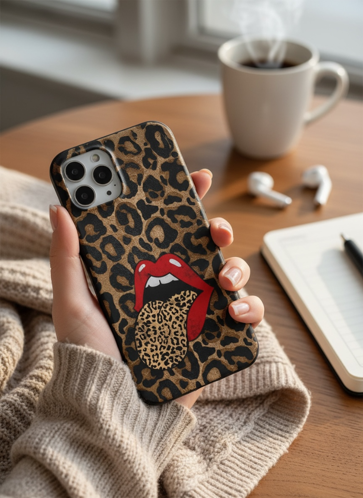 iPhone Uyumlu Kırmızı Dudaklı Leoparlı Kılıf