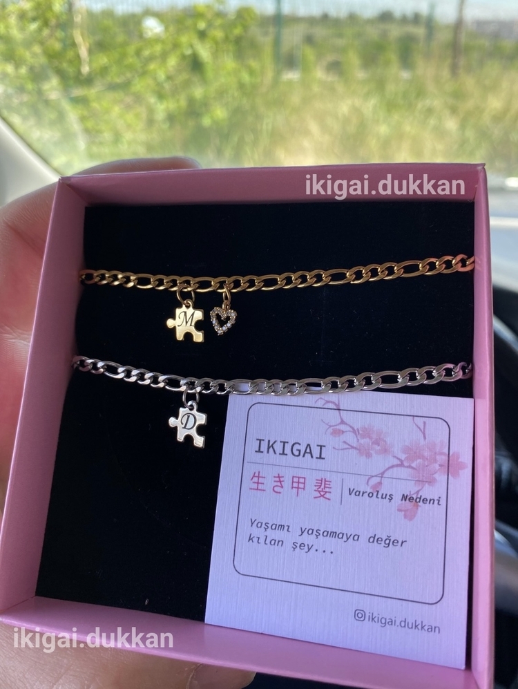 2'li Set Puzzle Harfli Çelik Ikigai Bilekliği (SÜRPRİZ ÇELİK TAKI HEDİYE)