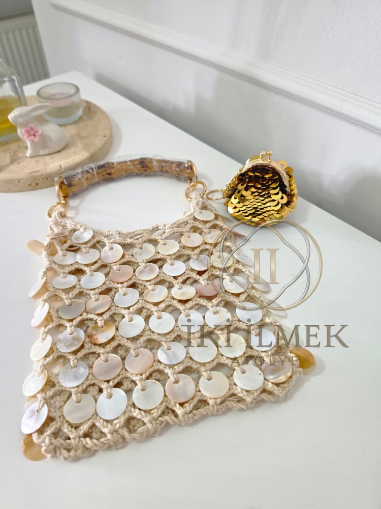 El Yapımı Doğal Sedef Taşlı  File Çanta & Gold Payetli Çanta Süsü Takımı