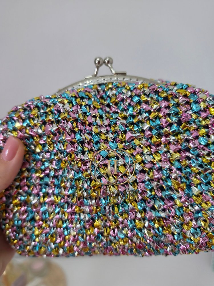 Vintage Klipsli Işıltılı Clutch Çanta | Özel Tasarım Renkli Örgü El Çantası
