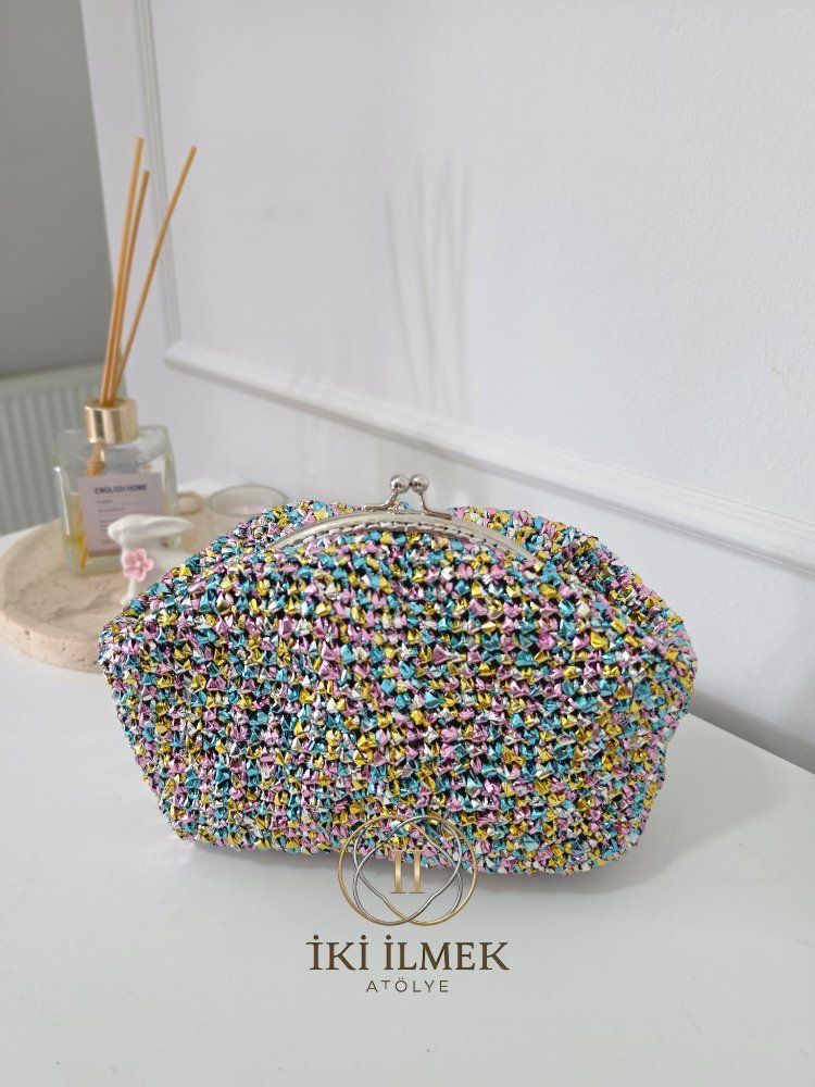 Vintage Klipsli Işıltılı Clutch Çanta | Özel Tasarım Renkli Örgü El Çantası
