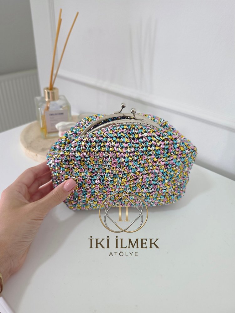 Vintage Klipsli Işıltılı Clutch Çanta | Özel Tasarım Renkli Örgü El Çantası