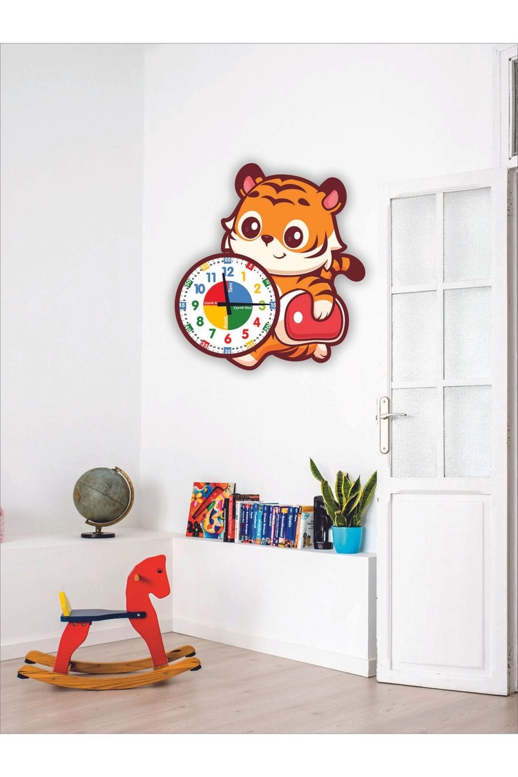 Sevimli Çantalı Kaplan Eğitici Çocuk Duvar Saati ( 50 x 50 )
