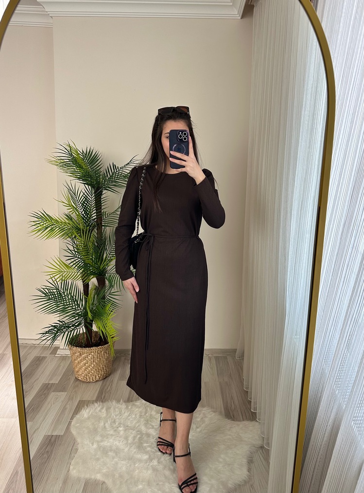 CLARA ACI KAHVE KUŞAKLI ORJ MARKA ELBİSE