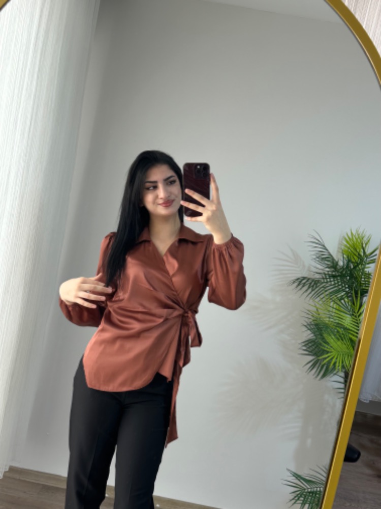 KAHVE  BAĞLAMALI SATEN GÖMLEK