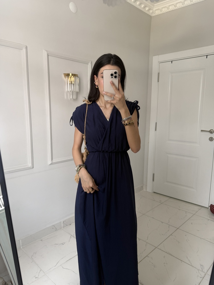 LACİVERT BEL LASTİKLİ BAĞLAMALI ELBİSE