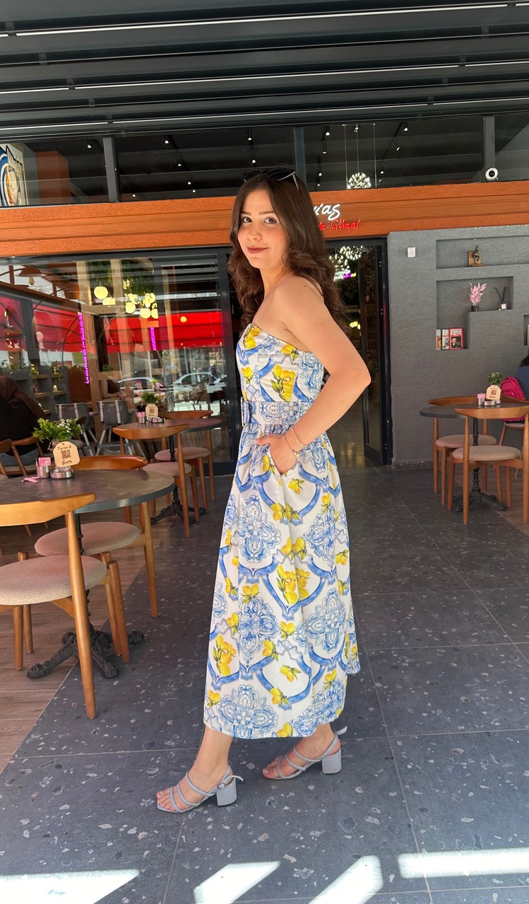 MARİA DESENLİ STRAPLEZ KEMERLİ ELBİSE