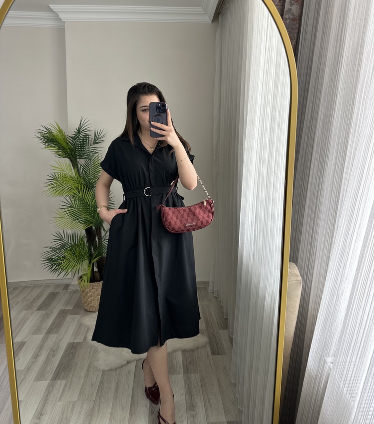 LADY KUŞAKLI CEPLİ MIDI BOY ELBİSE