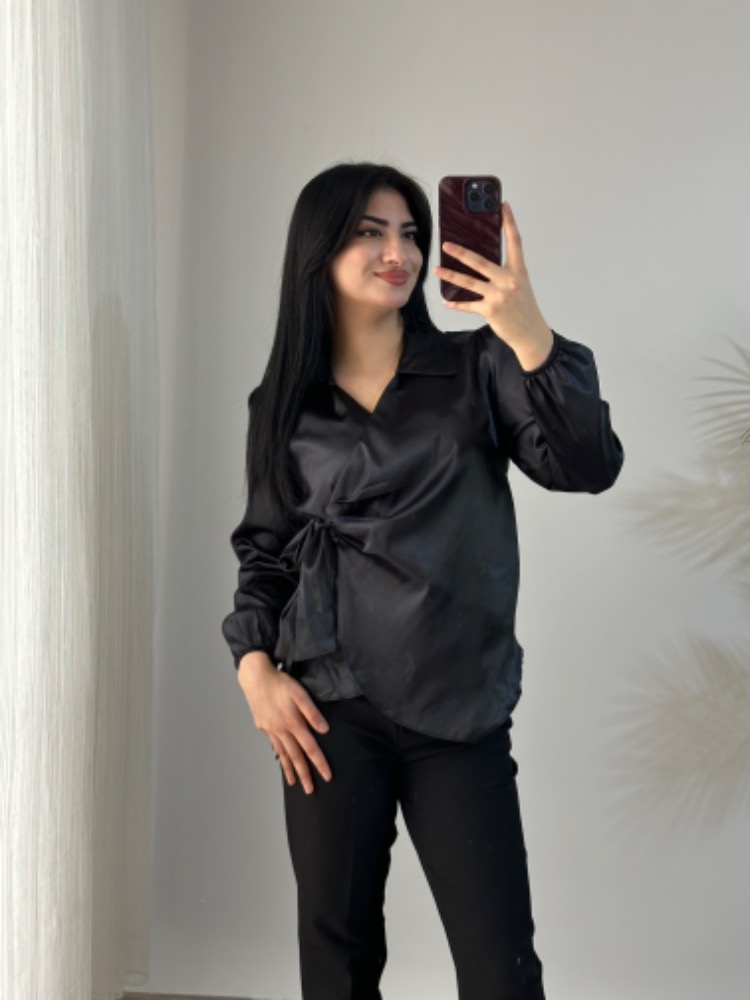 SİYAH BAĞLAMALI SATEN GÖMLEK