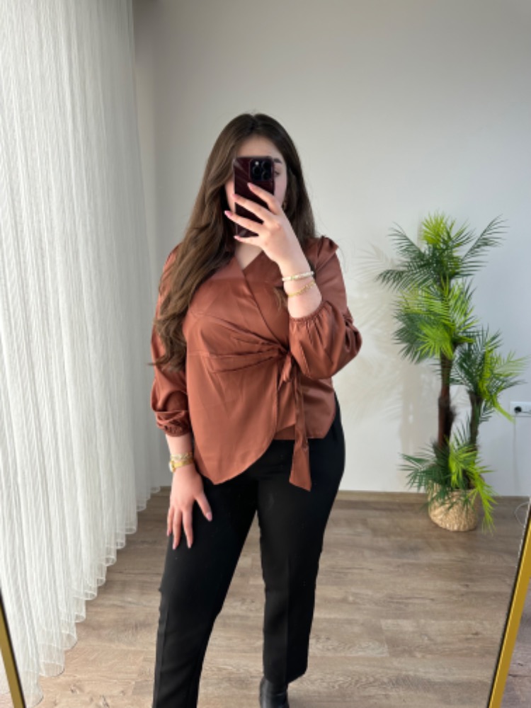 KAHVE  BAĞLAMALI SATEN GÖMLEK