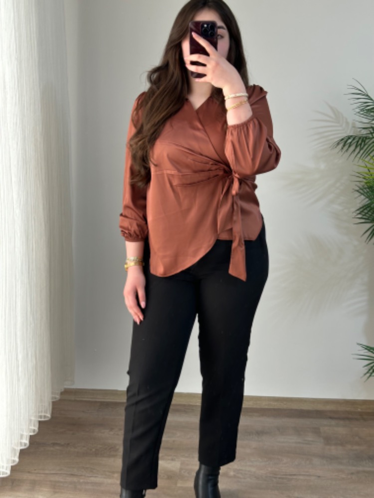 KAHVE  BAĞLAMALI SATEN GÖMLEK