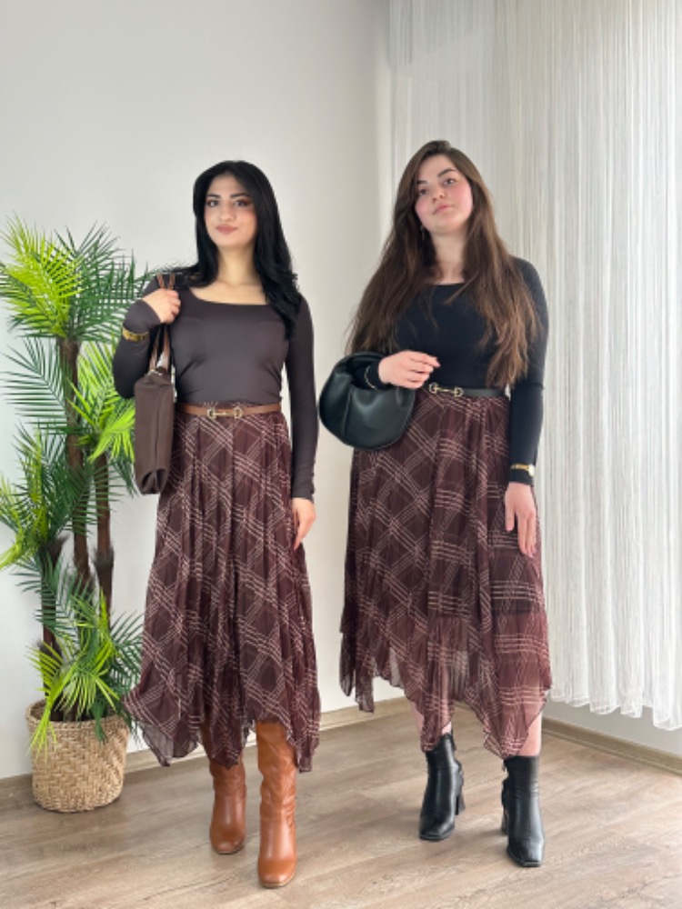 BEL LASTİKLİ ASTARLI KAHVE ŞİFON ETEK