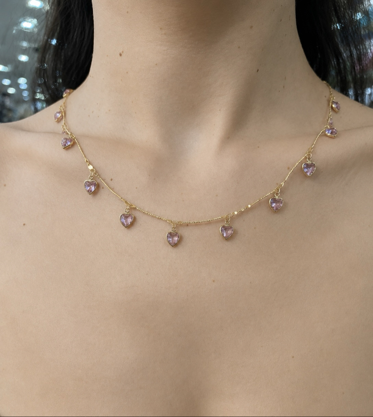  Pembe Kalp Zirkon Taşlı Gold Çelik Kolye
