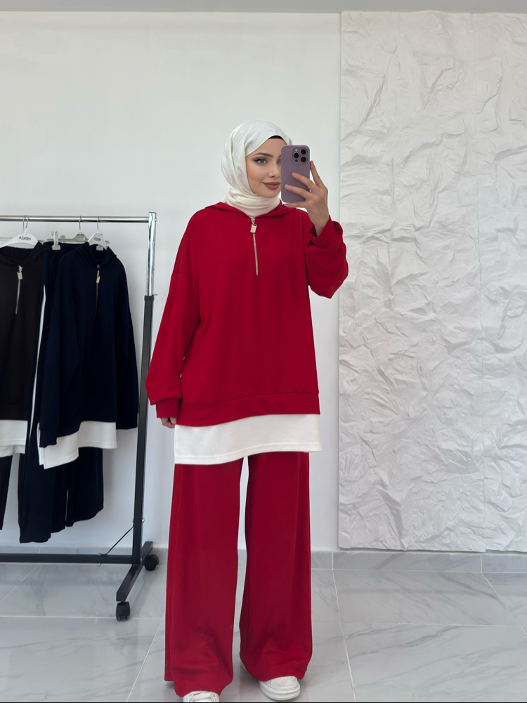 KIRMIZI / ŞERİT DETAYLI EŞOFMAN TAKIMI