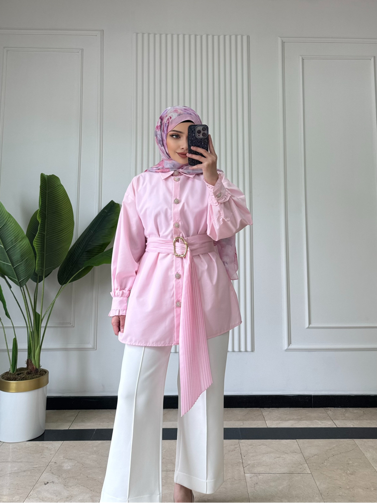 PEMBE/ PİLİSE KEMERLİ GÖMLEK