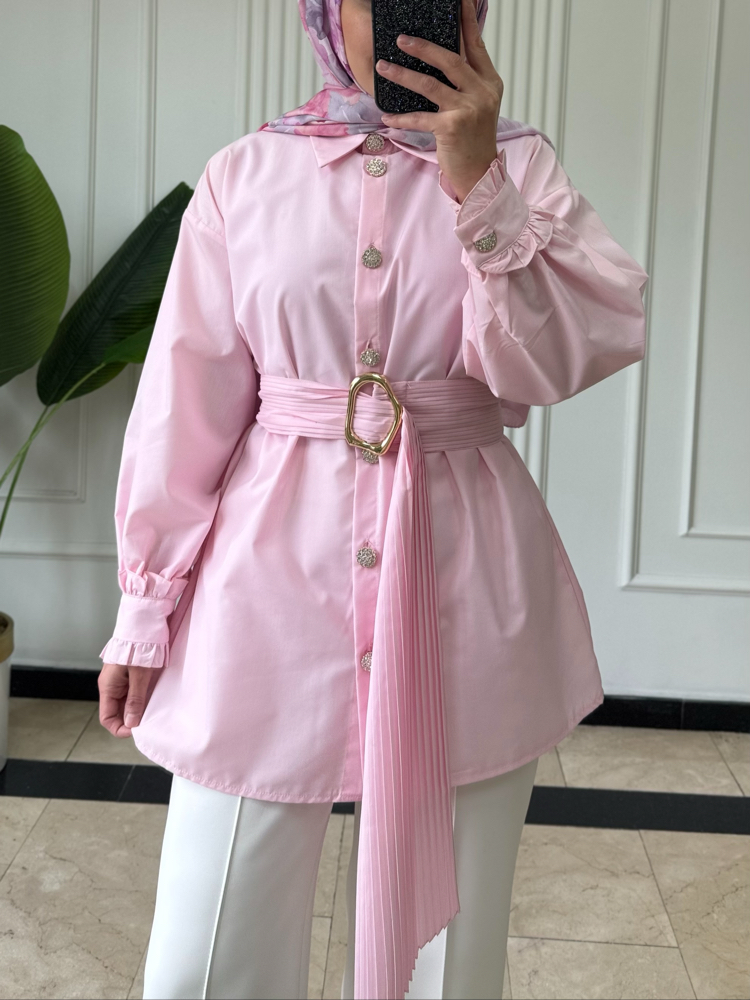 PEMBE/ PİLİSE KEMERLİ GÖMLEK