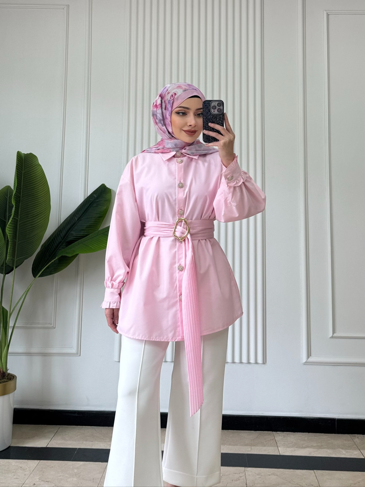 PEMBE/ PİLİSE KEMERLİ GÖMLEK