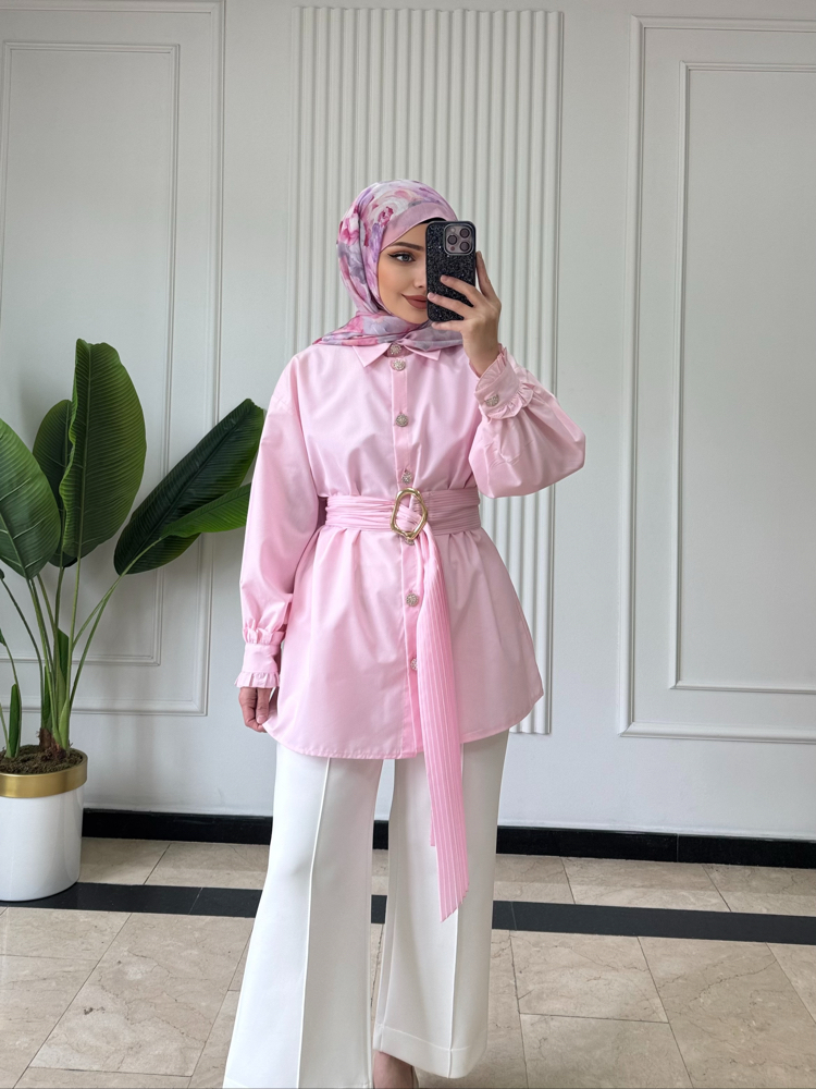 PEMBE/ PİLİSE KEMERLİ GÖMLEK