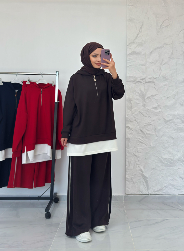 KAHVE / ŞERİT DETAYLI EŞOFMAN TAKIMI