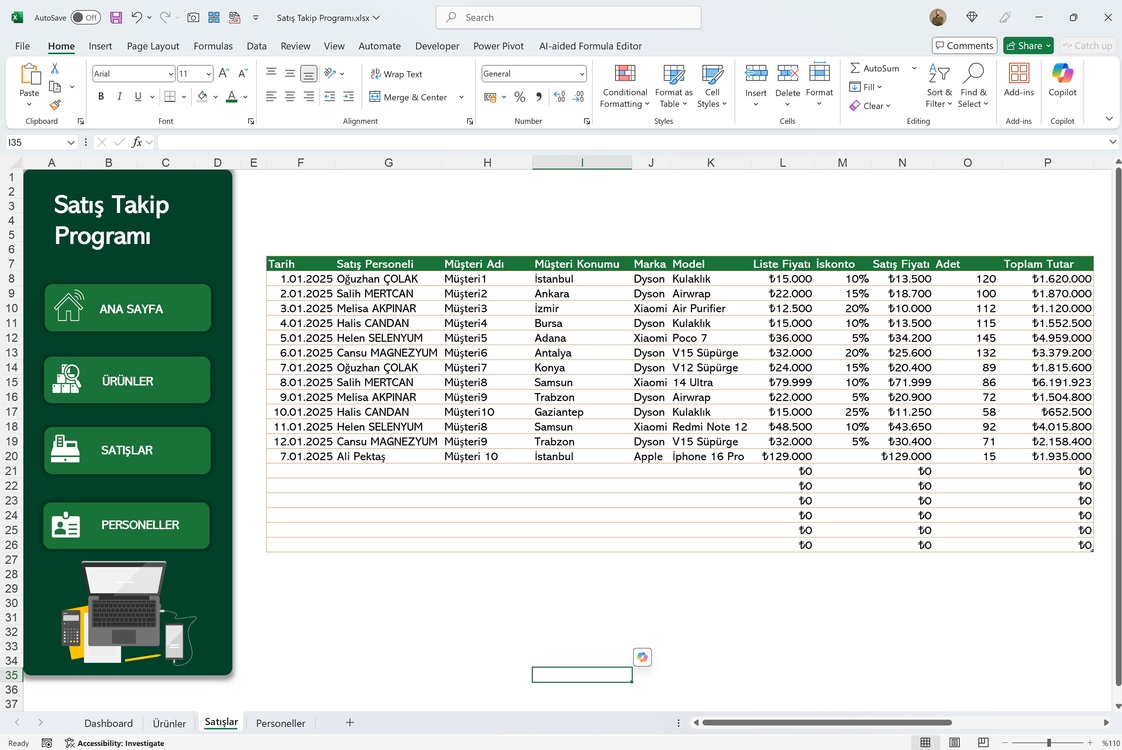 Excel Satış Takip Programı | DashBoard ve Grafikler