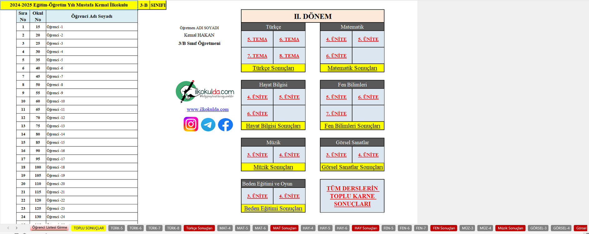 3. Sınıf 2. Dönem Karnesi Maarif Modeli Kazanım-Süreç Değerlendirme Ölçekleri 2024-2025