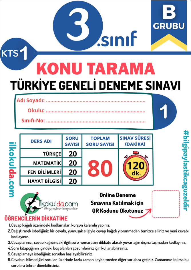 3. Sınıf PDF ve ONLİNE Mart Ara Tatili Türkiye Geneli Konu Tarama Deneme Sınavı (KTS-1)