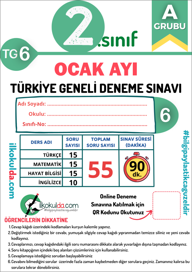 2. Sınıf PDF ve ONLİNE OCAK AYI Türkiye Geneli Deneme Sınavı (TG-6)