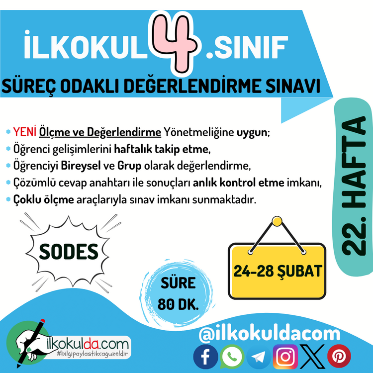 4. Sınıf 22. Hafta (24-28 Şubat) Süreç Değerlendirme Sınavı (SODES)