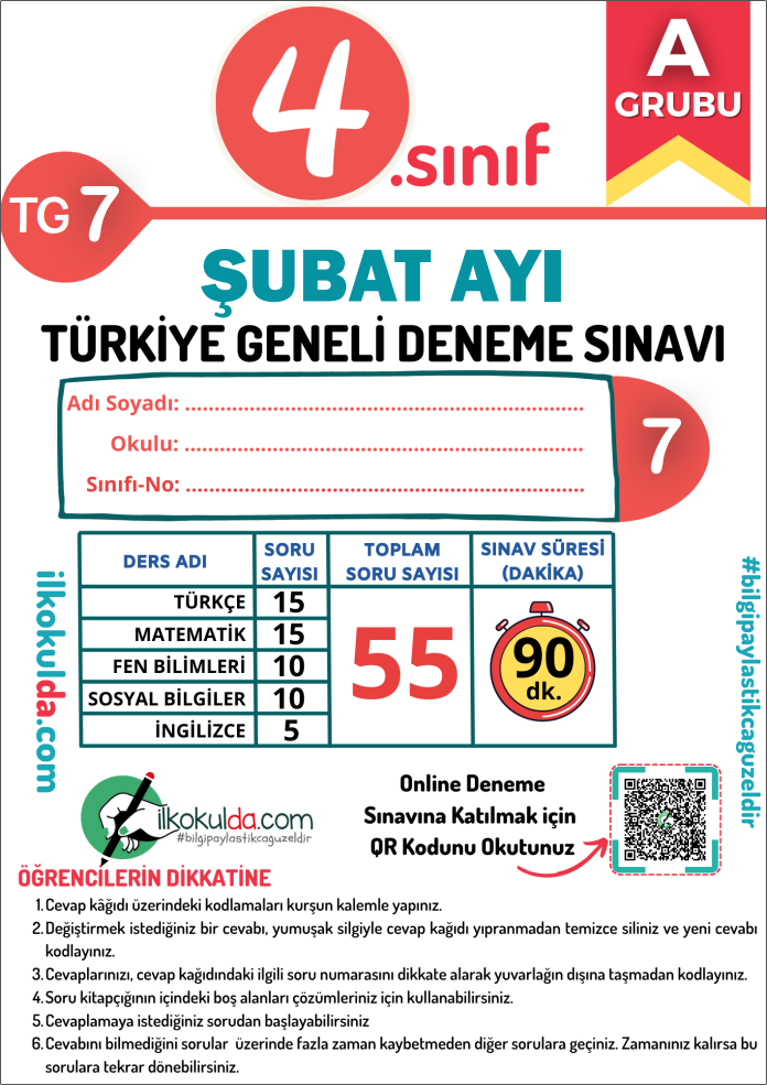 4. Sınıf Şubat Ayı PDF Türkiye Geneli Deneme Sınavı (TG-7)