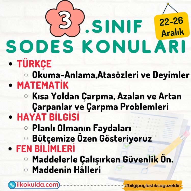 3. Sınıf 15. Hafta (22-26 Aralık) Süreç Değerlendirme Sınavı (SODES)