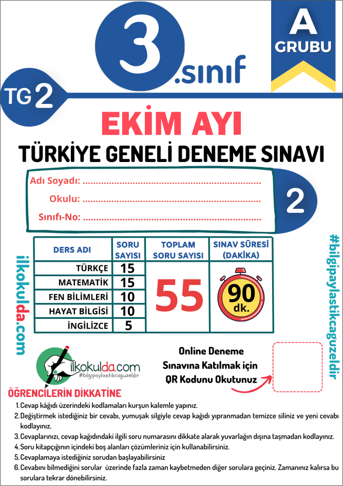 3. Sınıf PDF ve ONLİNE Ekim Ayı Türkiye Geneli Deneme Sınavı (TG-2)