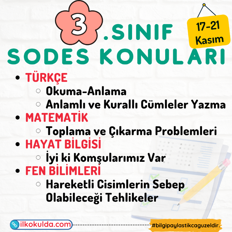 3. Sınıf 10. Hafta (17-21 Kasım) Süreç Değerlendirme Sınavı (SODES)