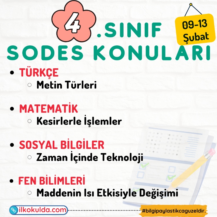 4. Sınıf 20. Hafta (09-13 Şubat) Süreç Değerlendirme Sınavı (SODES)