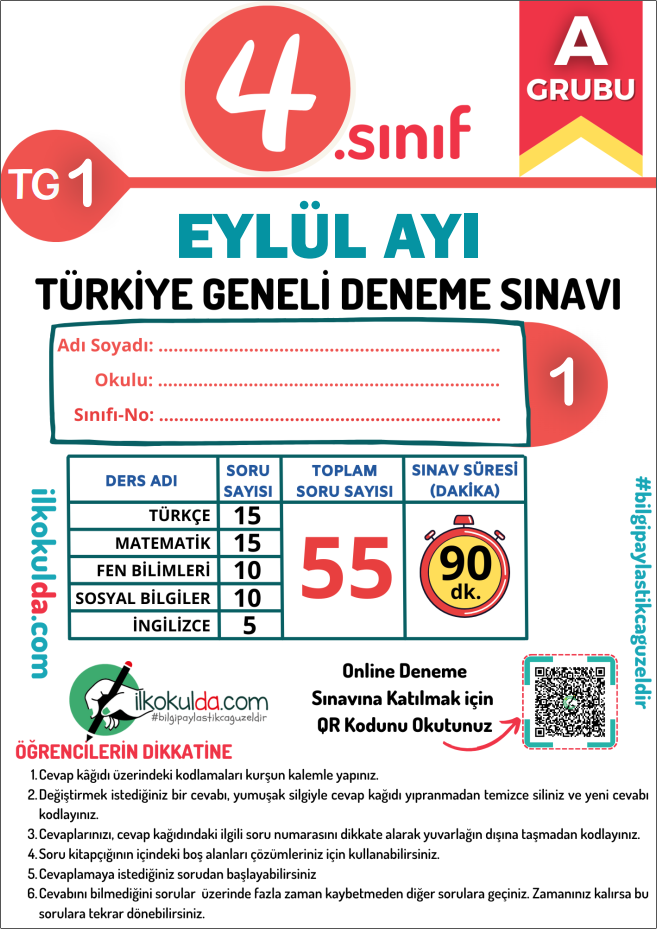 4. Sınıf Eylül Ayı Türkiye Geneli Deneme Sınavı (TG-1)