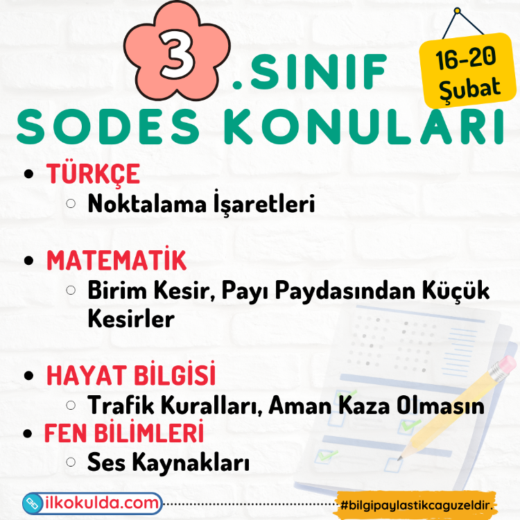 3. Sınıf 21. Hafta (16-20 Şubat) Süreç Değerlendirme Sınavı (SODES)