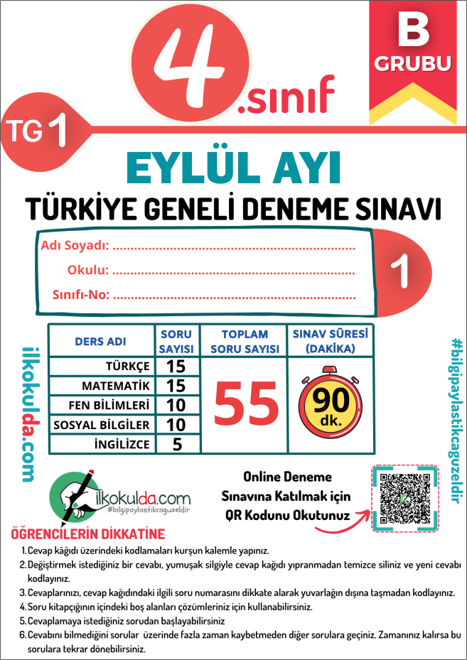 4. Sınıf Eylül Ayı Türkiye Geneli Deneme Sınavı (TG-1)
