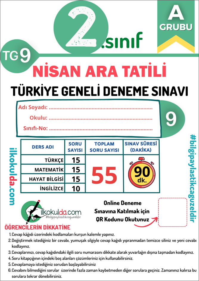 2. Sınıf Nisan Ara Tatili PDF Türkiye Geneli Deneme Sınavı (TG-9)