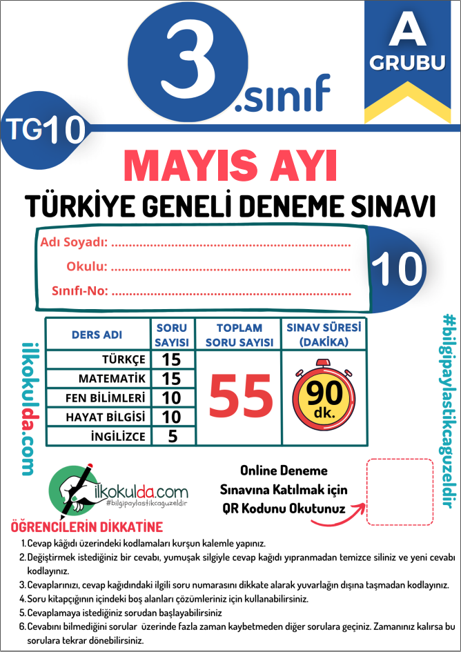 3. Sınıf PDF ve ONLİNE MAYIS AYI Türkiye Geneli Deneme Sınavı (TG-10)