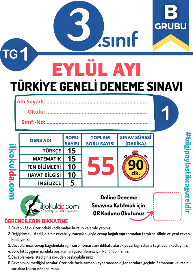 3. Sınıf PDF Eylül Ayı Türkiye Geneli Deneme Sınavı (TG-1)