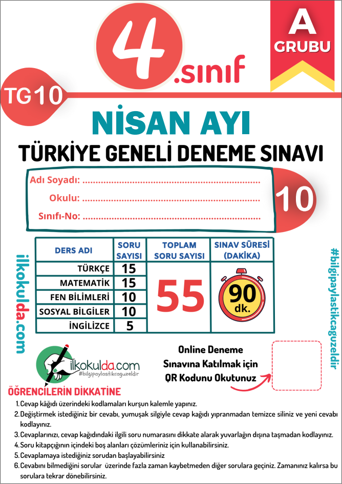 4. Sınıf Nisan Ayı PDF Türkiye Geneli Deneme Sınavı (TG-10)